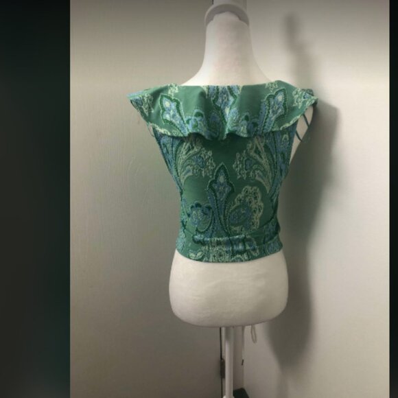 NWT ZARA Jacquard Green Patterned Ruffled Top Sz S - Picture 5 of 7